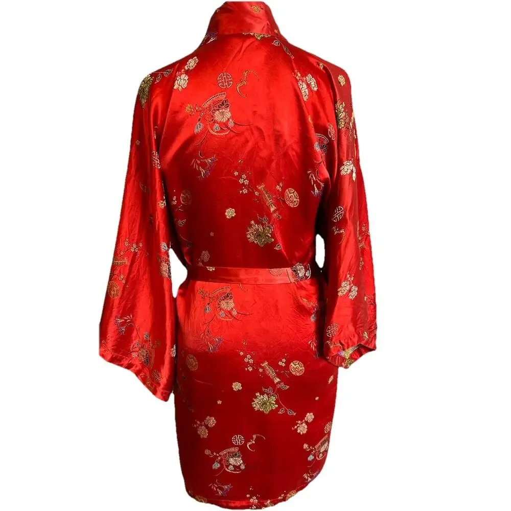 Vintage Kimono Robe Red Patchwork Reversible Asian Gold Hong Kong Retro Pockets